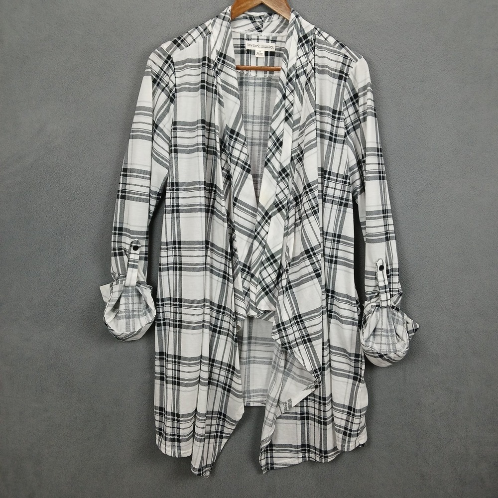 New York Laundry Cardigan Sweater Womens‎ 1X White Black Plaid Knit Open Front
